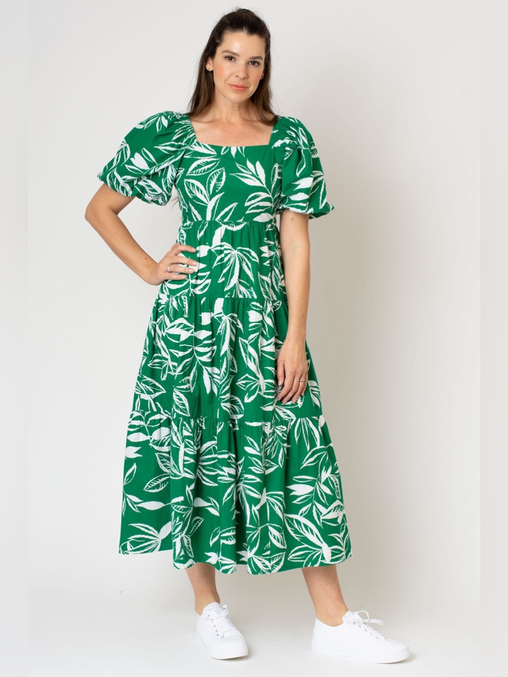 Meadow Rhodes Midi Dress Size XL Leaf Print Puff Sleeve Tiered Square Neck